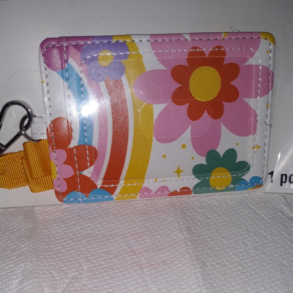 70's Floral Pink Orange Silver Keyring - ID Badge Holder NEW can attach lanyard.